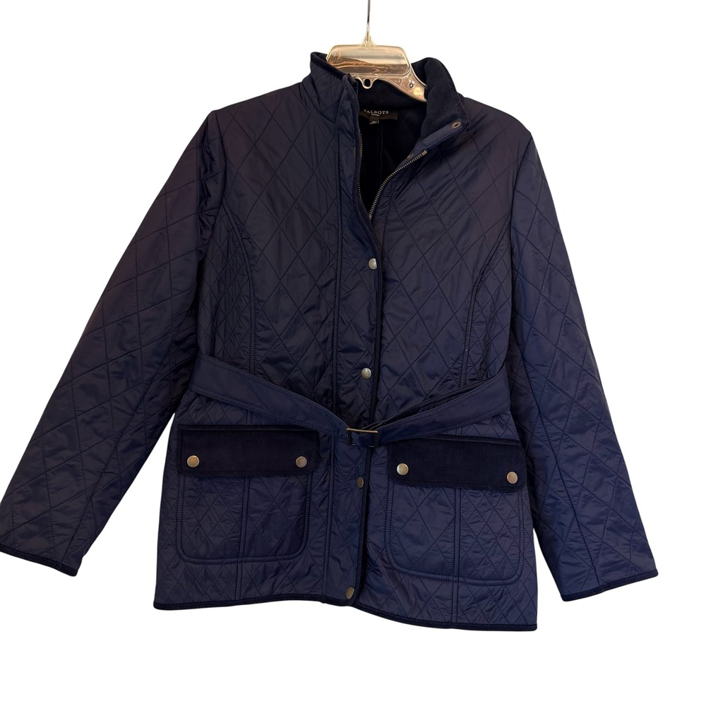 Talbots Navy Blue Quilted Belted Barn Jacket Petite Large Corduroy Trim Full Zip